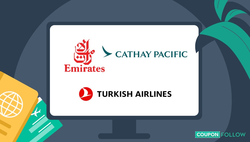Illustration of computer screen showing airline logos that offer discounts