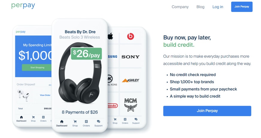 Screenshot of the Perpay website