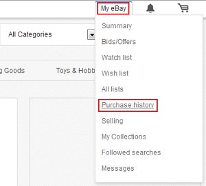  image of where the purchase history button is located on eBay's website