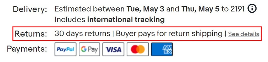 example of an eBay listing's return policy