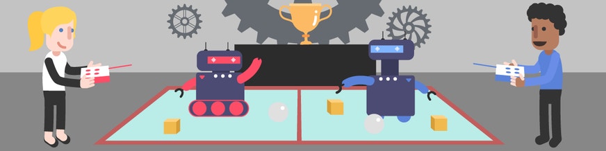 two people playing with robots