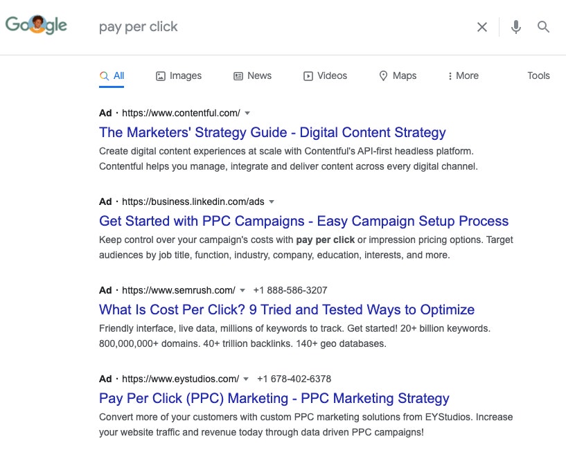 Google showing paid ads when searching for the term 'pay per click'