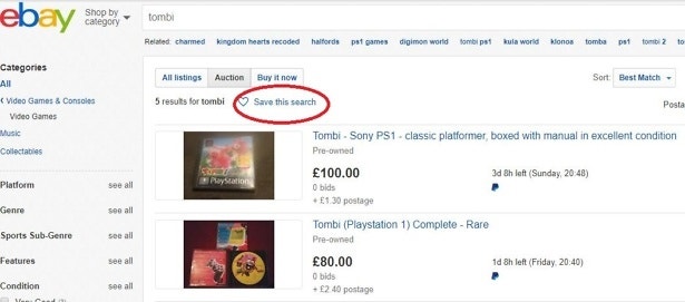 Image showcasing where the save the search button is located on eBay
