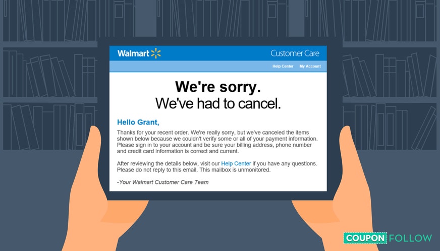 Illustration of person holding phone with apology email from Walmart on-screen
