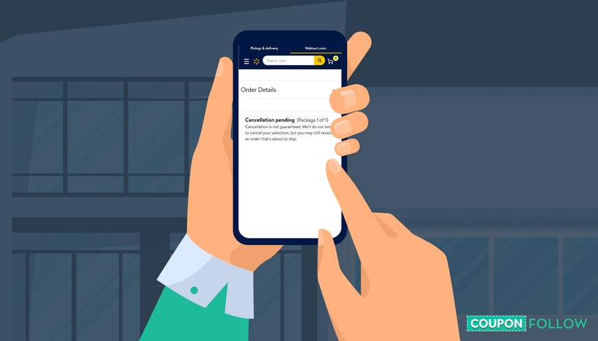 Illustration of mobile phone with Walmart cancelation notice on-screen