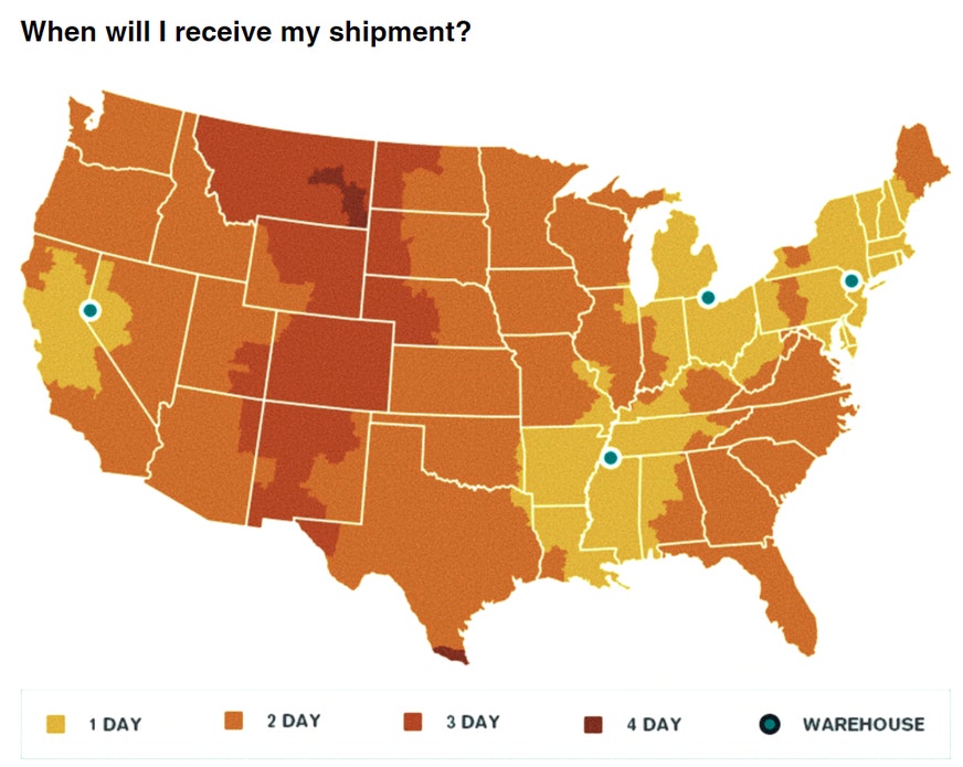 map showing the delivery time frame of same day music orders by location