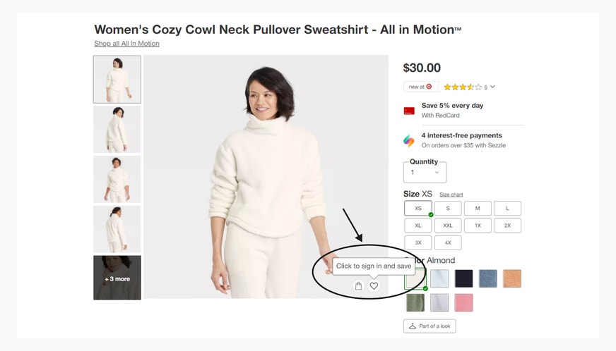 Image of a sweatshirt that can be saved to a Target account.